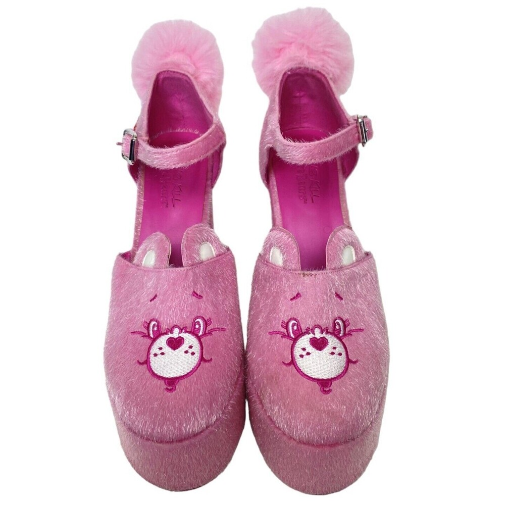 Dolls Kill X Care Bears Fluff Ball Furry Pink Platform Mary Jane Block Heels Sz9